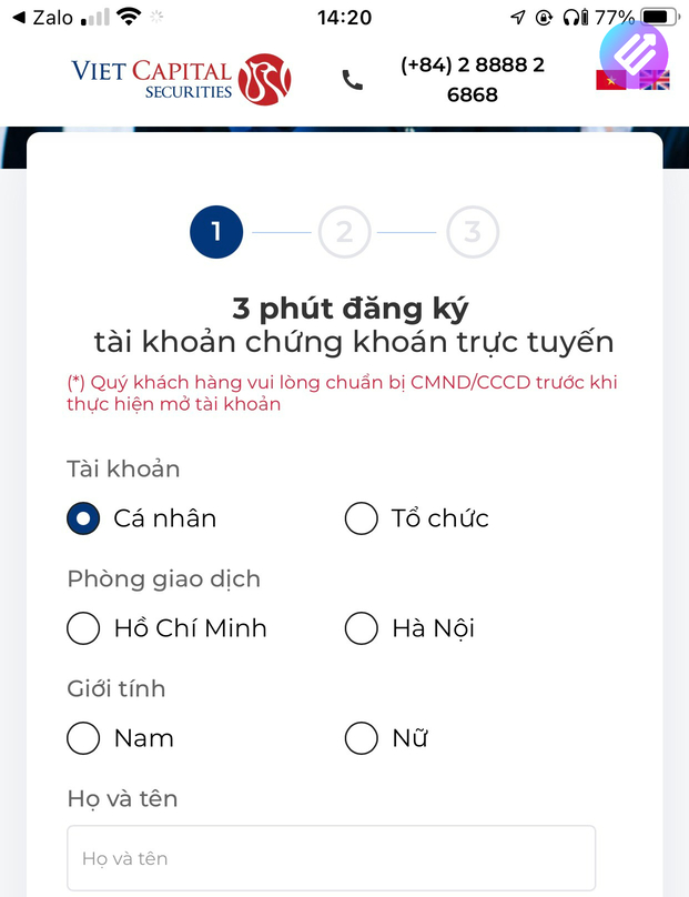 Lựa chọn loại tài khoản ở CK Bản Việt