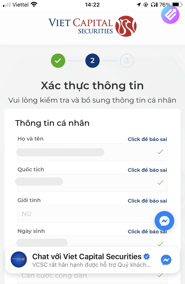 xác thực thông tin cá nhân của bạn tại VCI