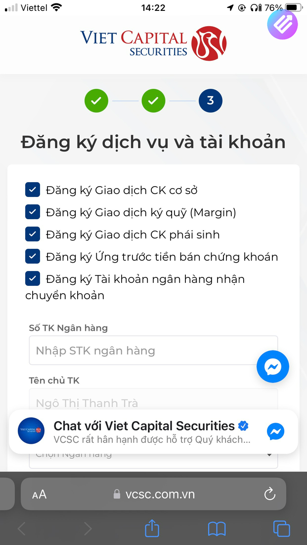 Đăng ký dịch vụ tài khoản Chứng khoán Bản Việt