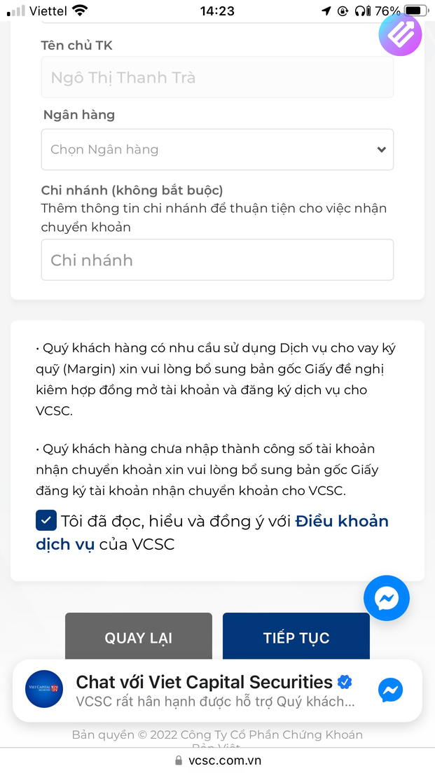 Đăng ký dịch vụ tài khoản Chứng khoán Bản Việt